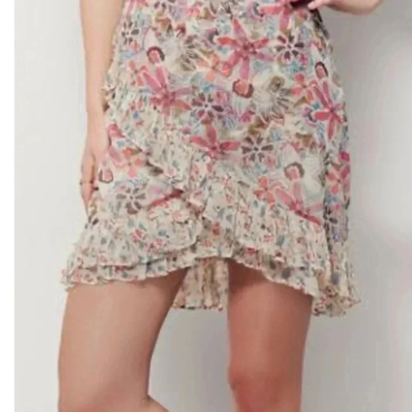 New Free People Pastel Beige Pink Floral Ruffle Mini Skirt 4 - Picture 1 of 6